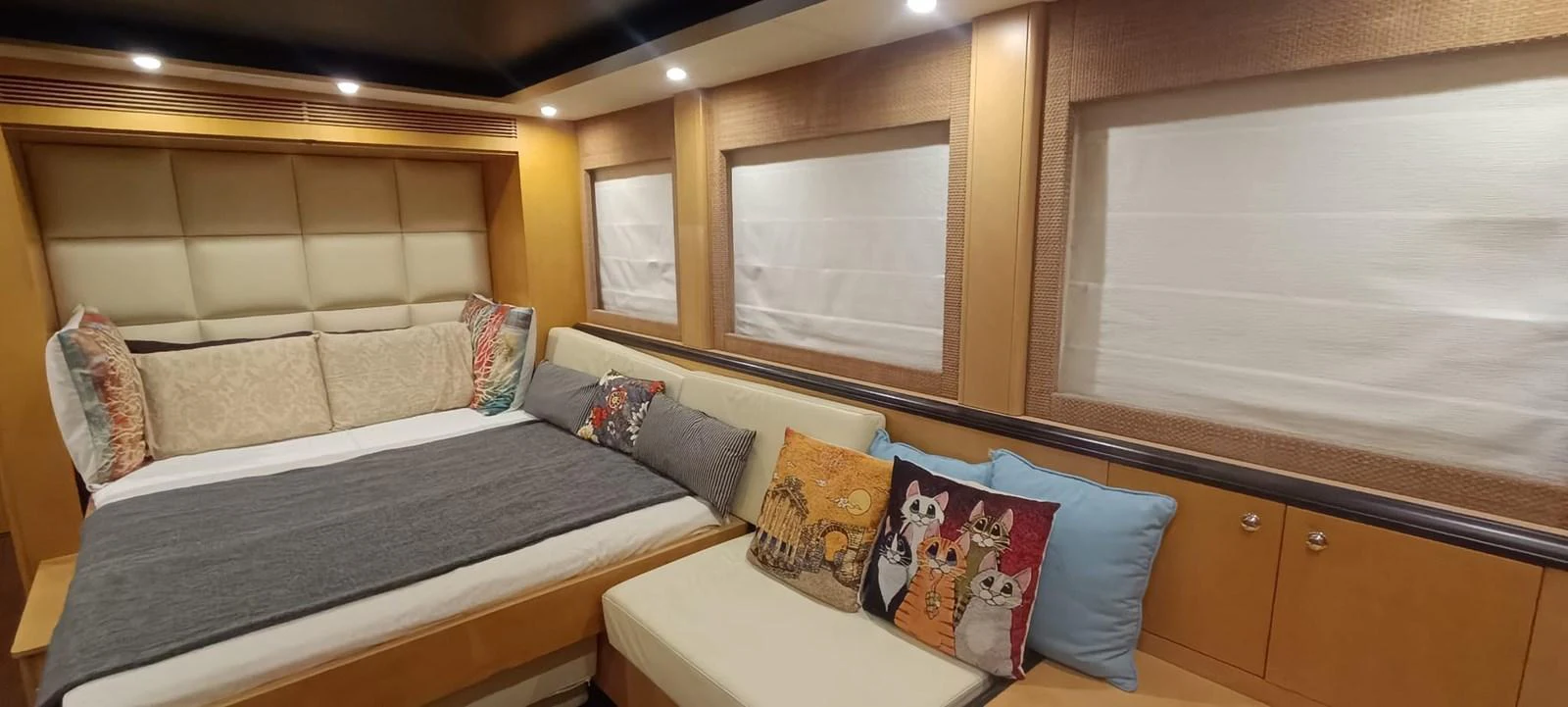 a bed in a room aboard WHISPER Yacht for Sale