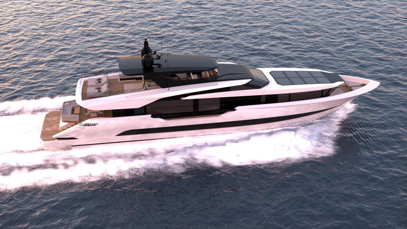 a white and black boat on water aboard TRIBALE 120 GRAN TURISMO Yacht for Sale