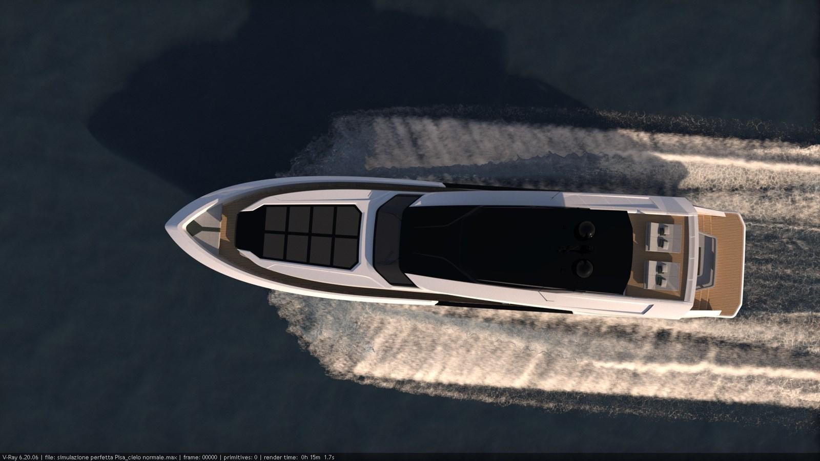 a white and black vehicle aboard TRIBALE 120 GRAN TURISMO Yacht for Sale
