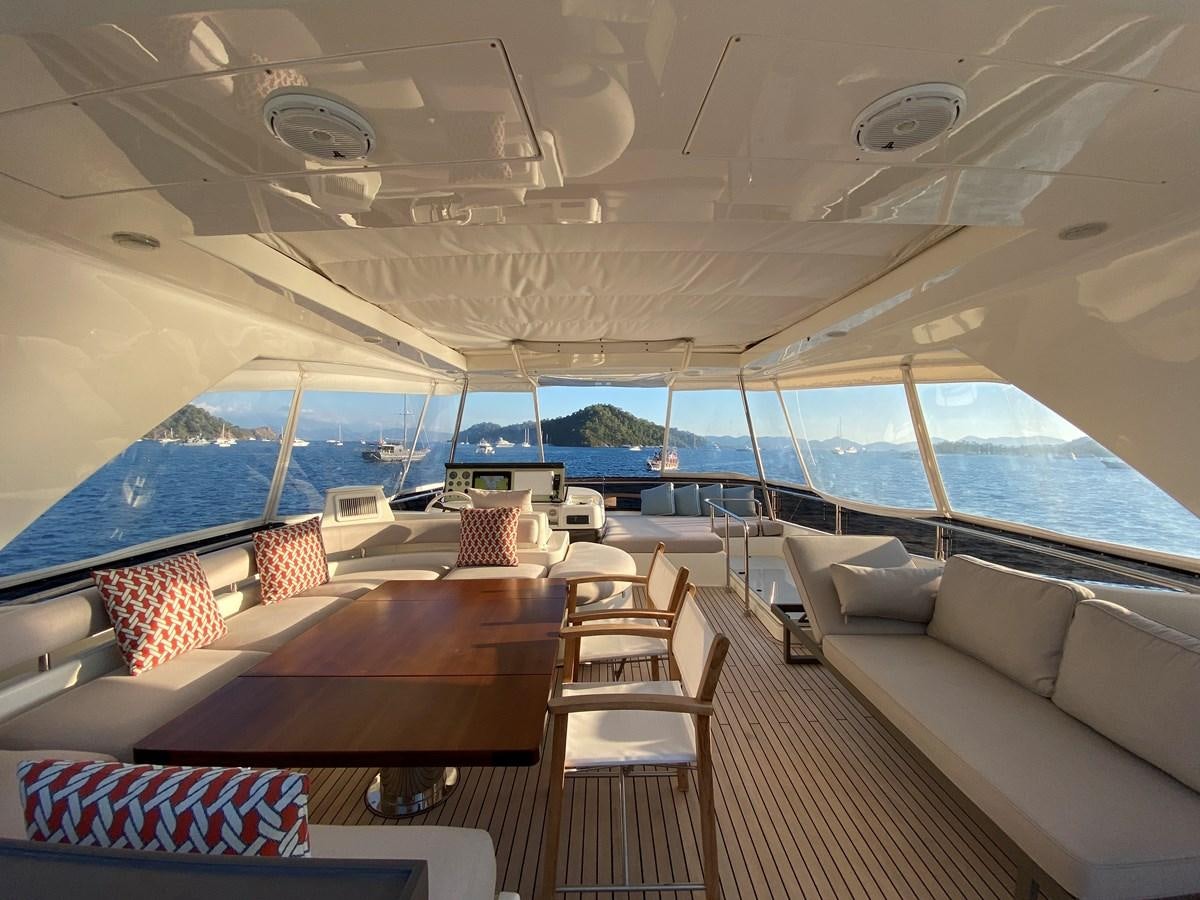 a room with a table chairs and a large window aboard ADF Yacht for Sale