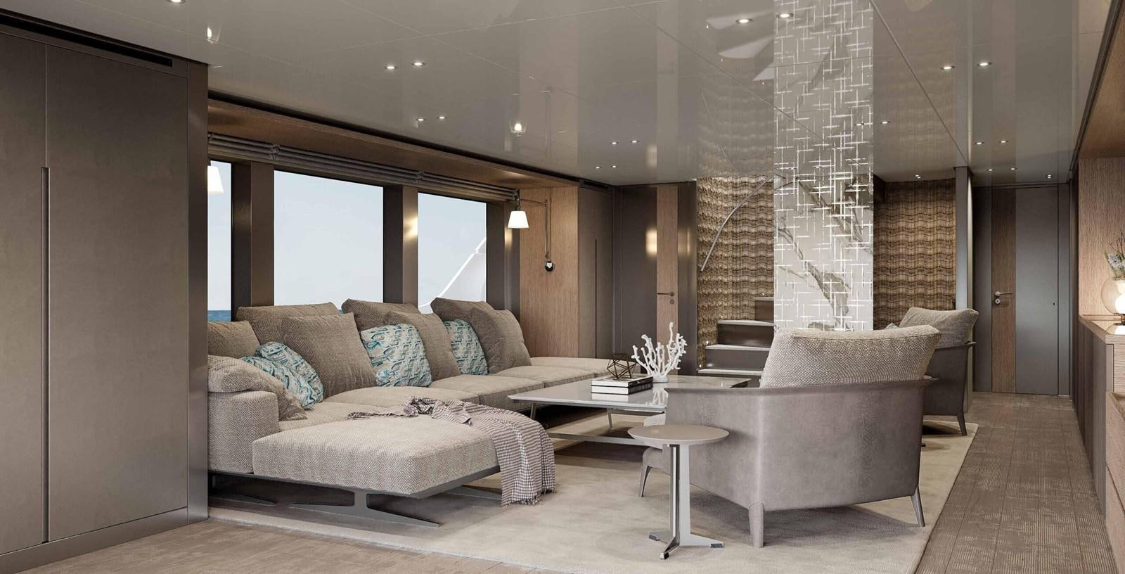 a living room with a couch and a table aboard 2023 SANLORENZO SD96 #131 Yacht for Sale