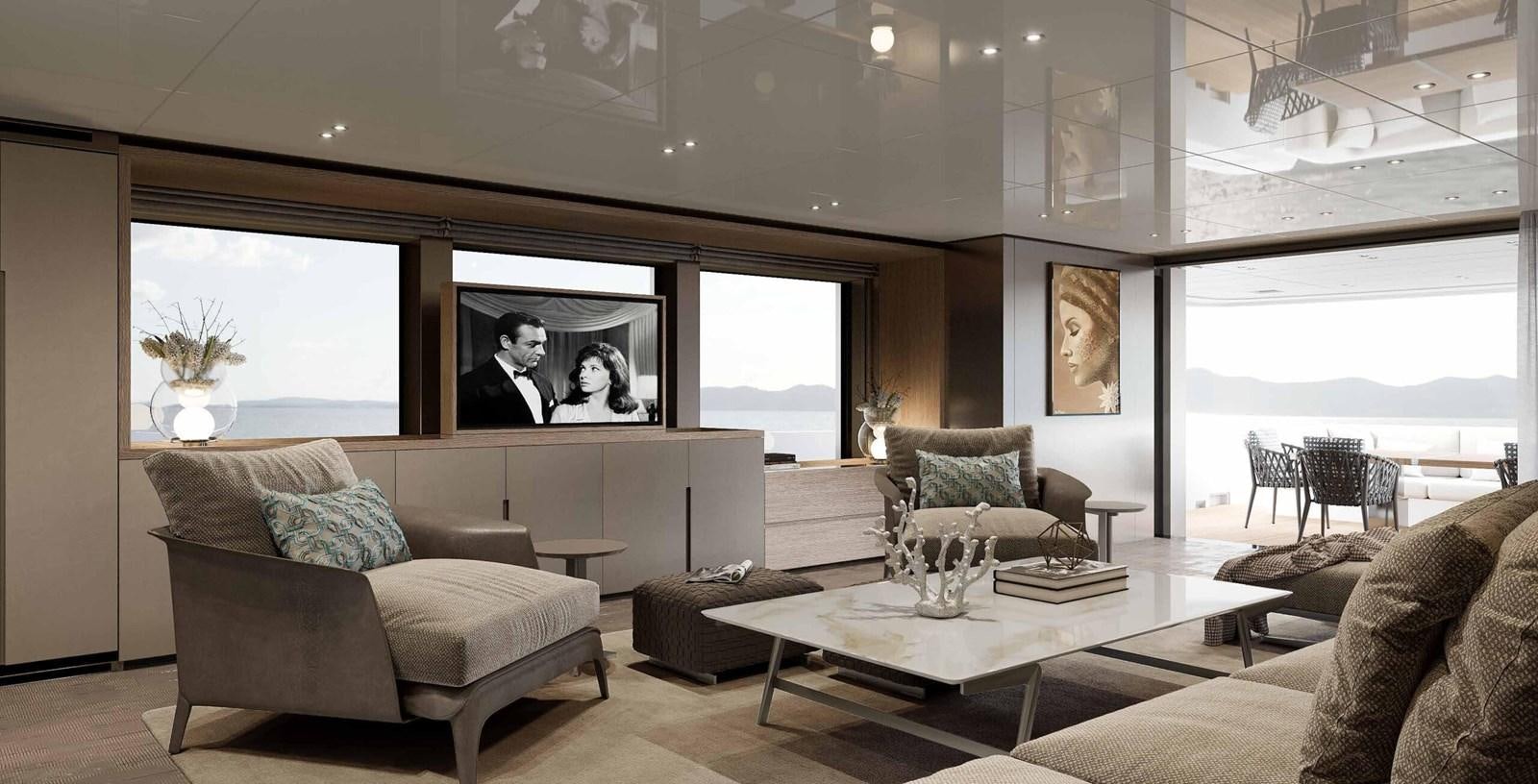 a living room with a large flat screen tv and a large window aboard 2023 SANLORENZO SD96 #131 Yacht for Sale