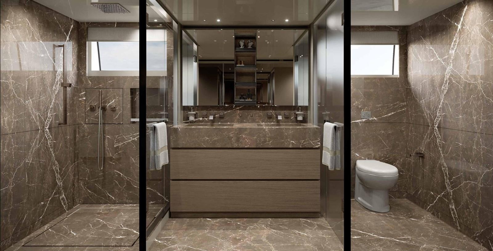 a bathroom with a glass shower aboard 2023 SANLORENZO SD96 #131 Yacht for Sale