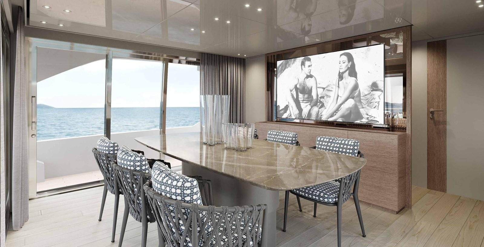 a large room with a table and chairs and a large painting on the wall aboard 2023 SANLORENZO SD96 #131 Yacht for Sale