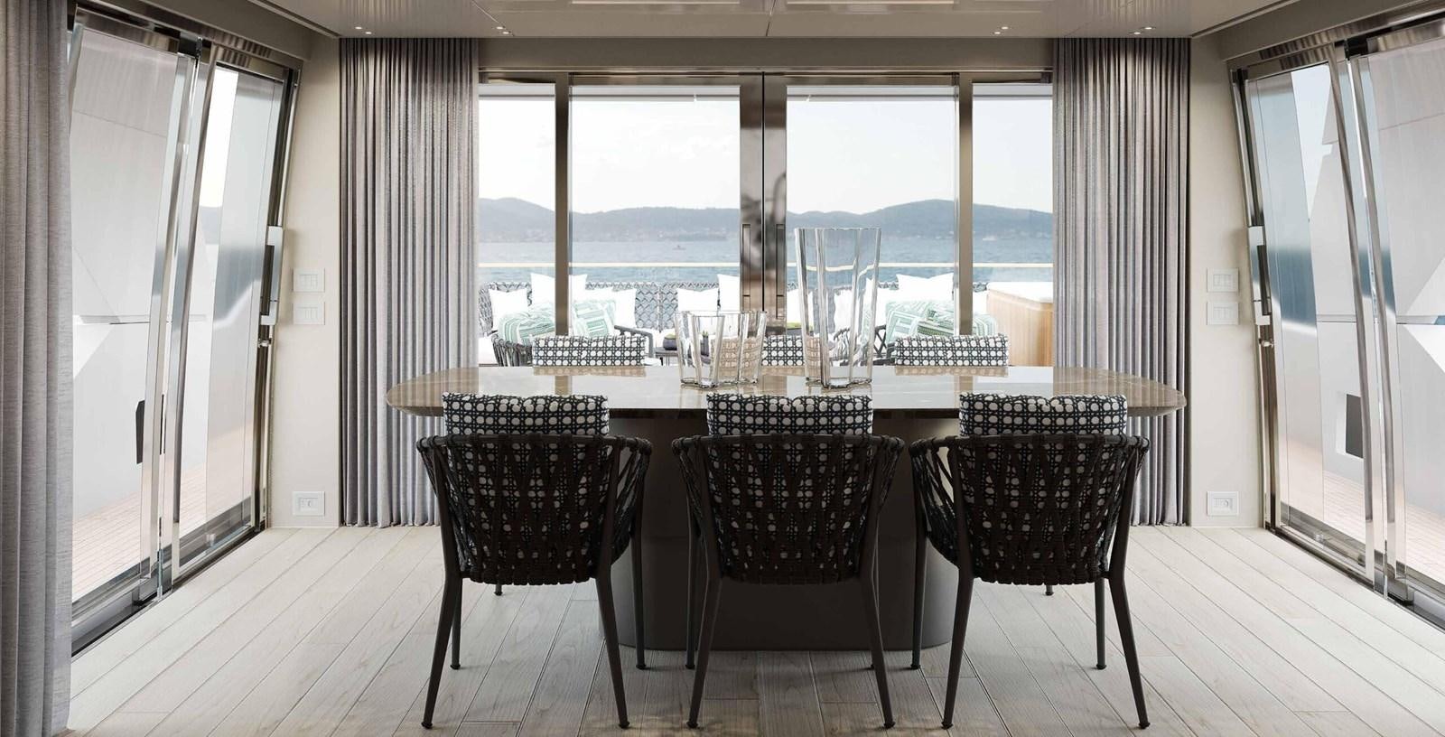 a room with a table and chairs aboard 2023 SANLORENZO SD96 #131 Yacht for Sale