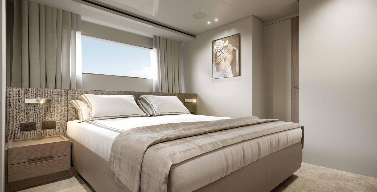 a bedroom with a bed and a dresser aboard 2023 SANLORENZO SD96 #131 Yacht for Sale