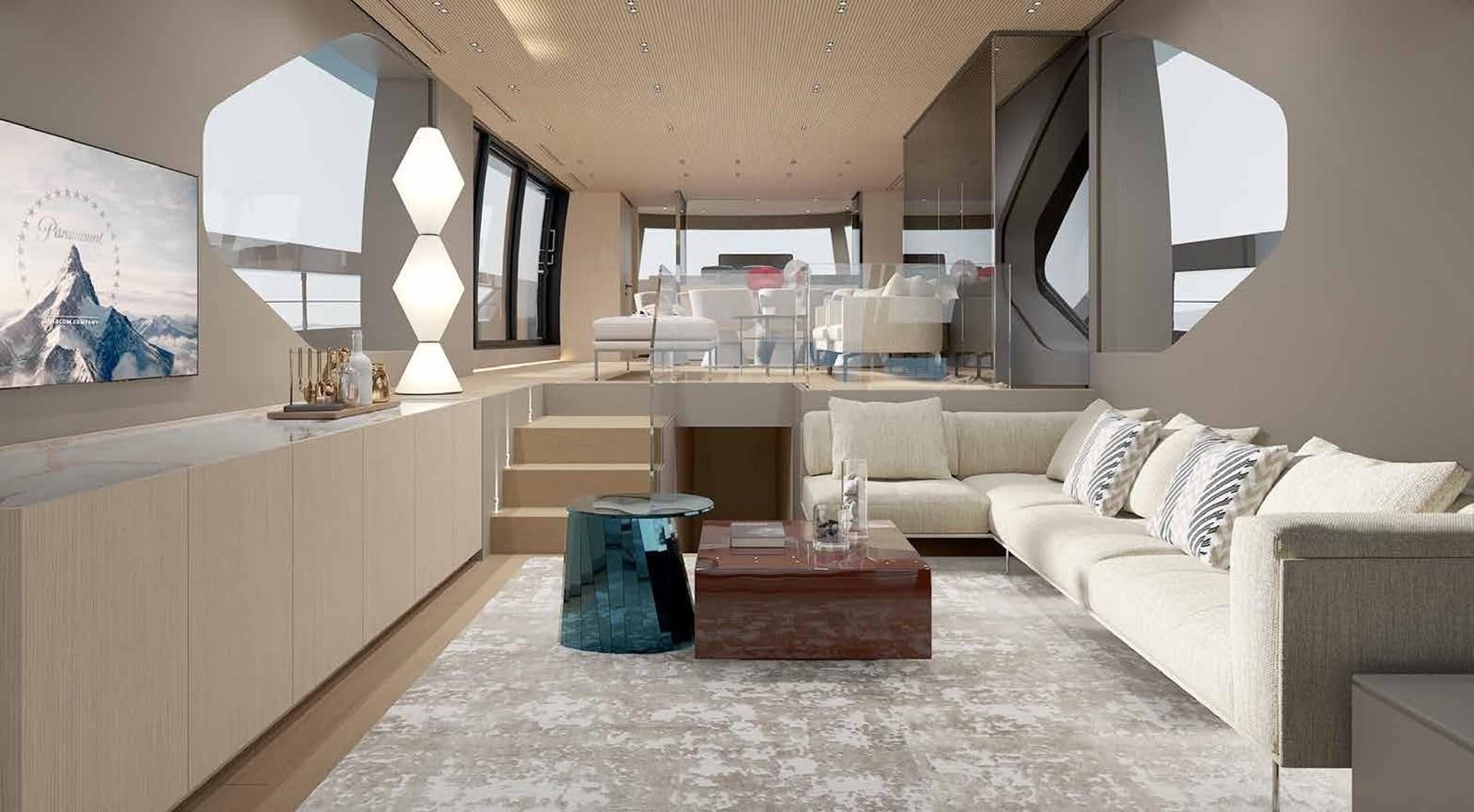 a living room with a white couch and a wood coffee table aboard 2024 SANLORENZO SP92 #16 Yacht for Sale