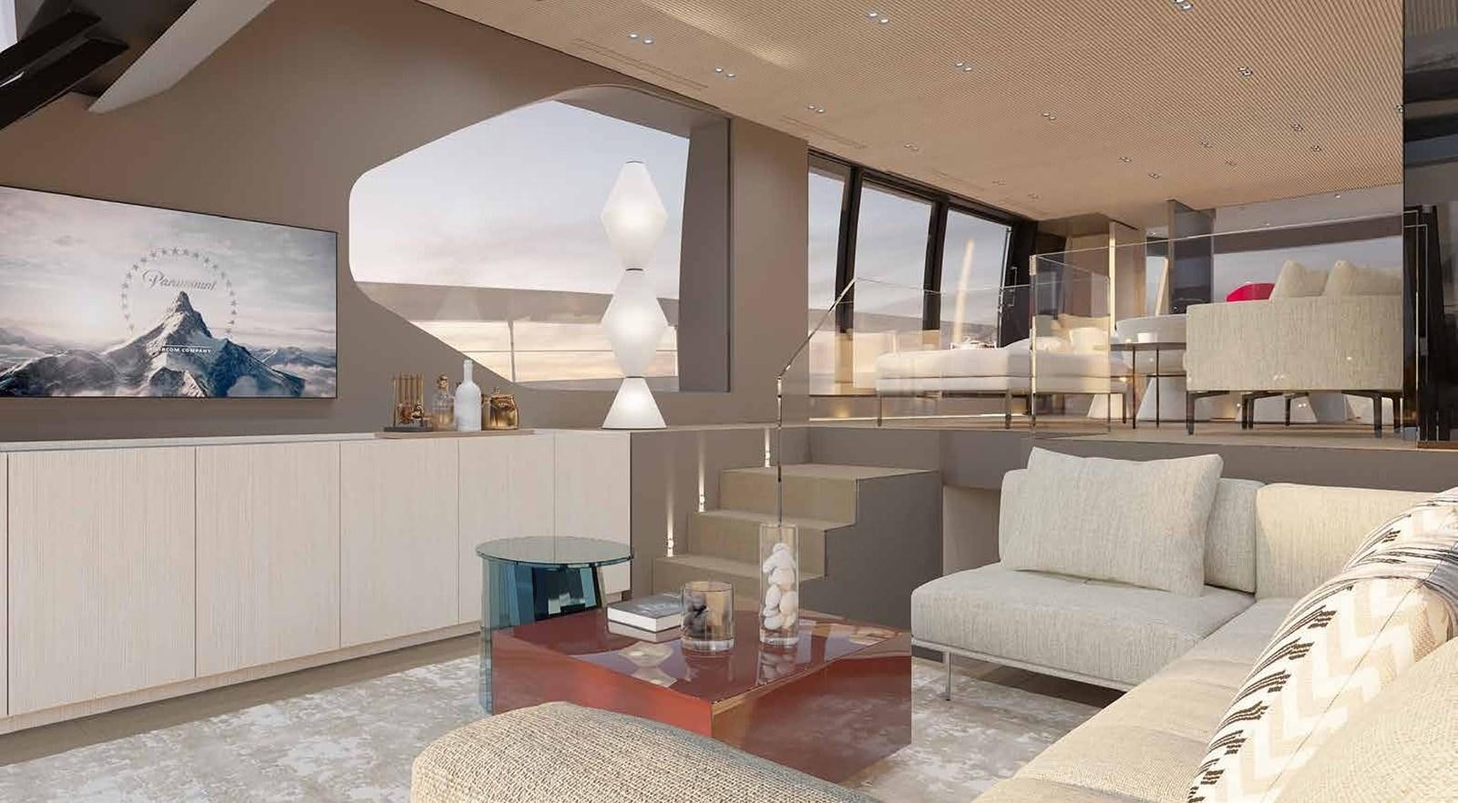 a living room with a large window aboard 2024 SANLORENZO SP92 #16 Yacht for Sale