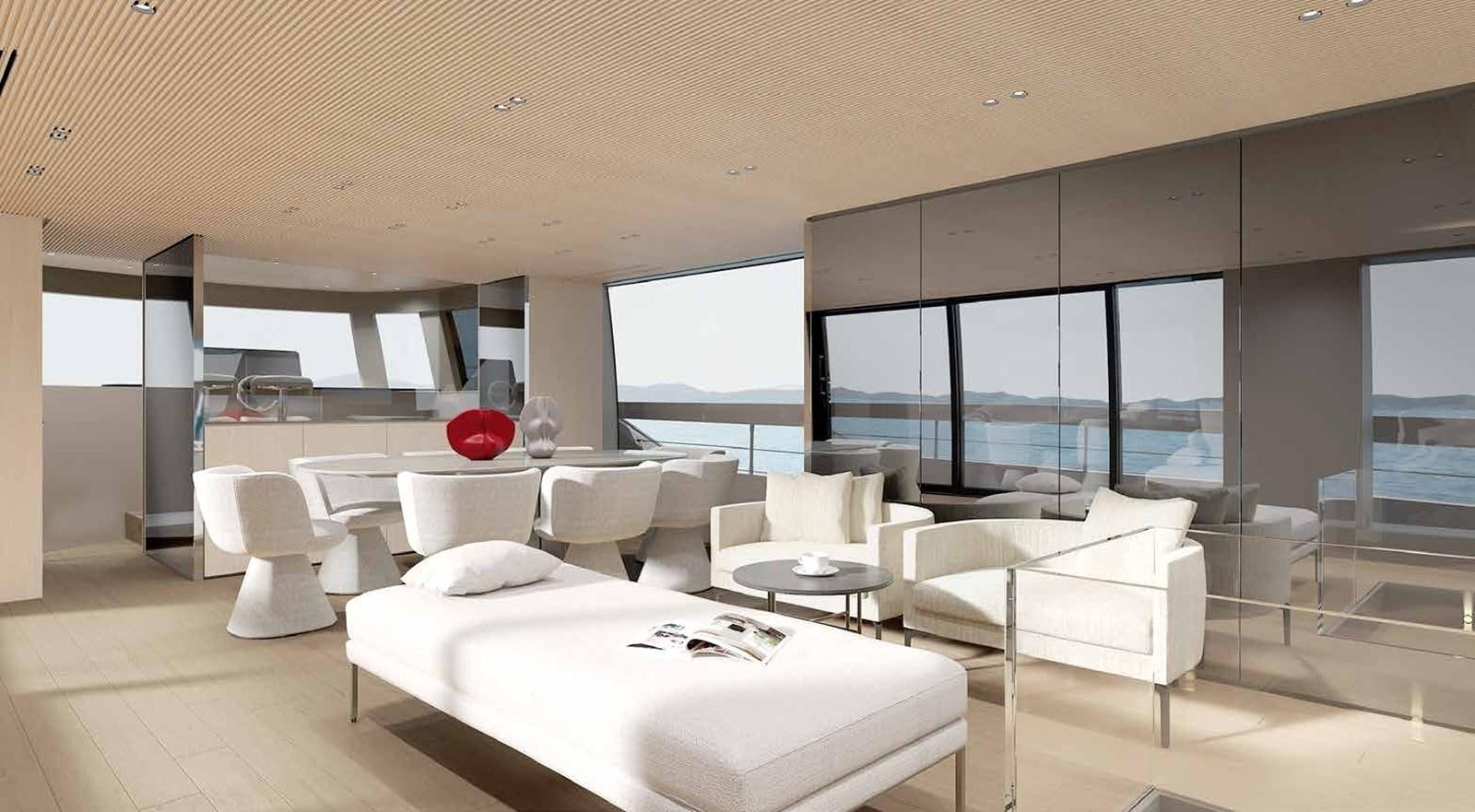 a room with white furniture aboard 2024 SANLORENZO SP92 #16 Yacht for Sale