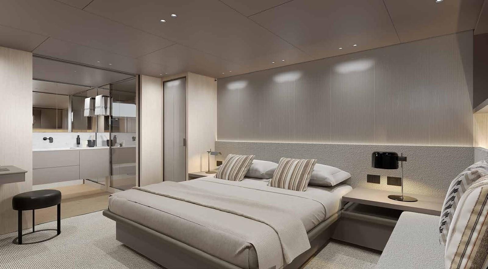 a room with a bed and a table aboard 2024 SANLORENZO SP92 #16 Yacht for Sale