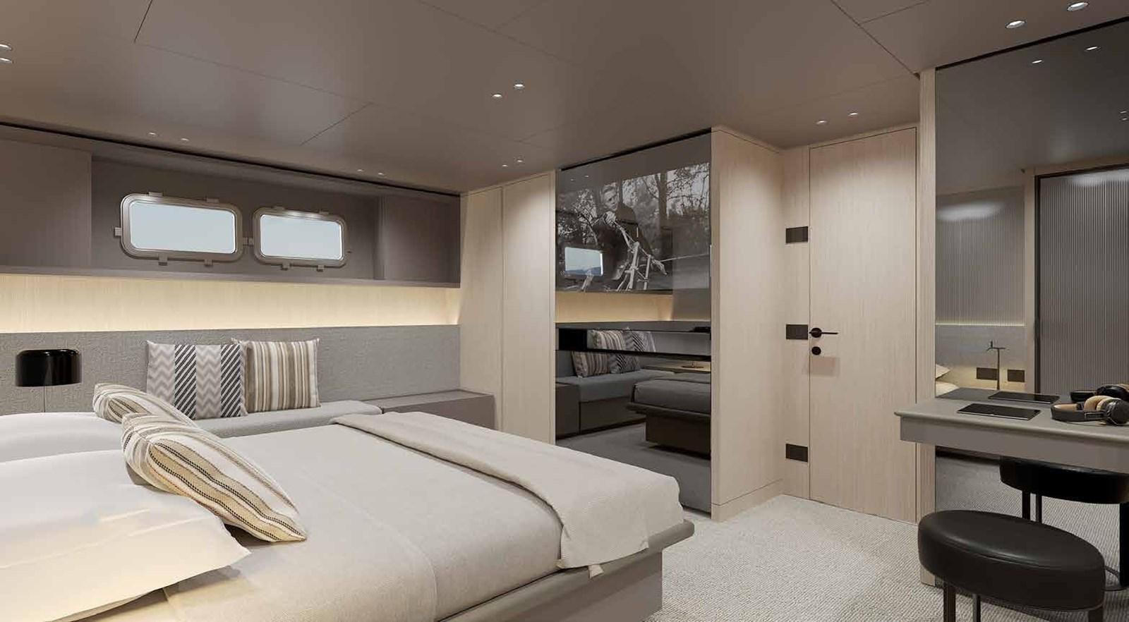 a room with a bed and a desk aboard 2024 SANLORENZO SP92 #16 Yacht for Sale