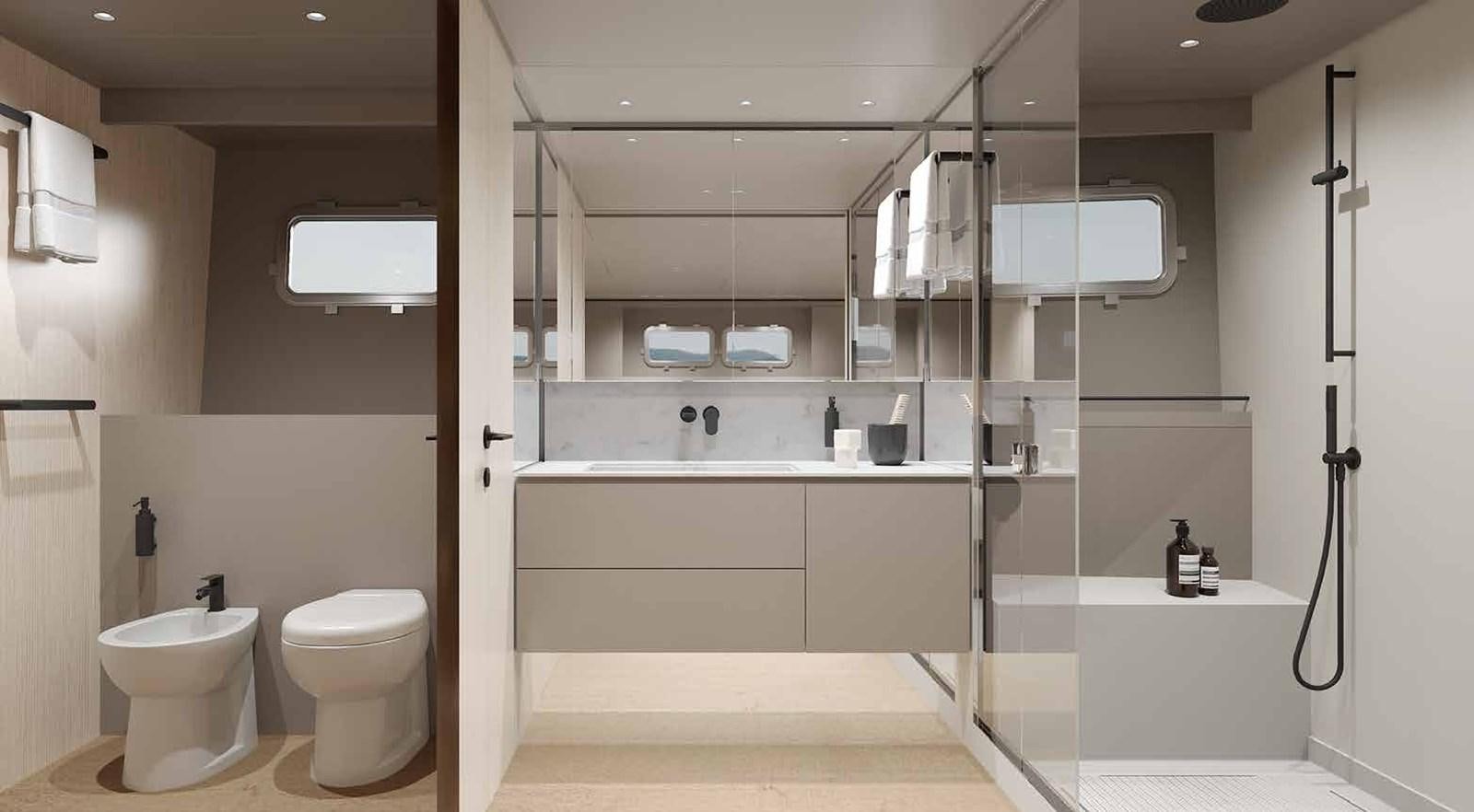 a bathroom with a toilet and sink aboard 2024 SANLORENZO SP92 #16 Yacht for Sale