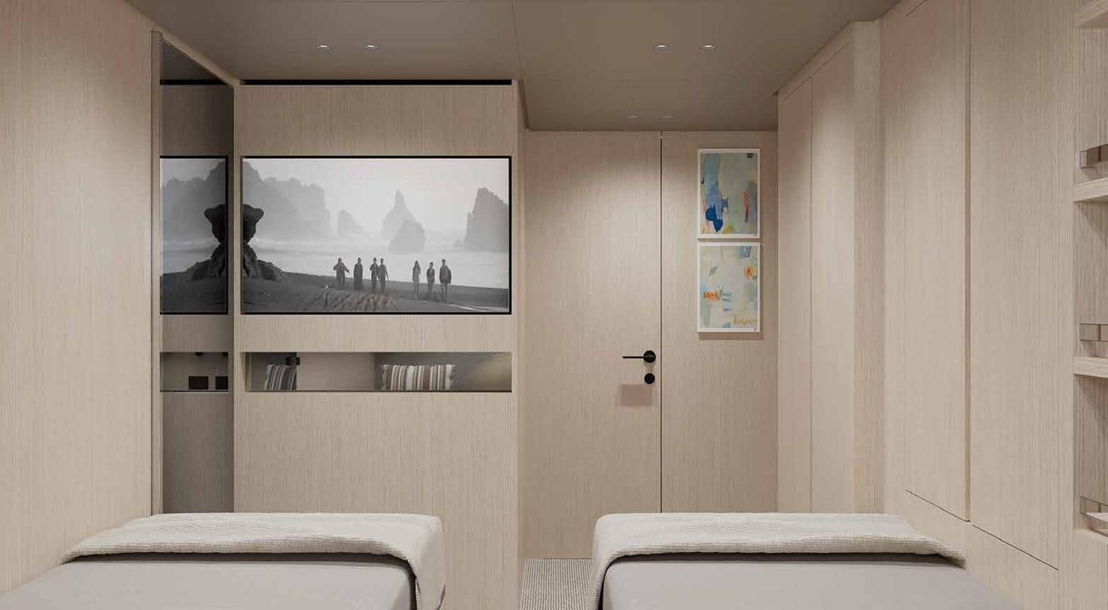 a room with a tv and a shelf with bottles on it aboard 2024 SANLORENZO SP92 #16 Yacht for Sale