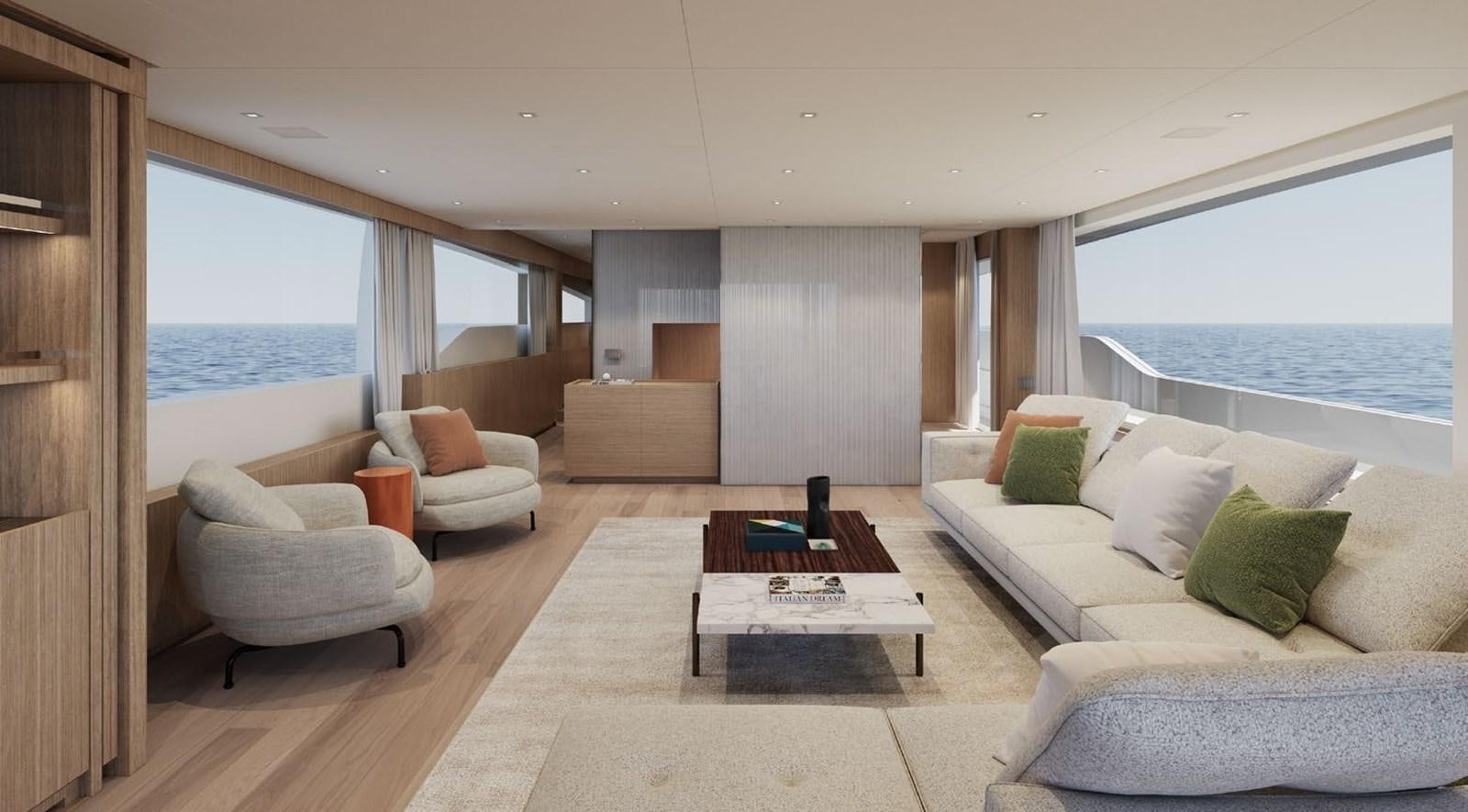 a living room with a large window aboard ALMA BLU Yacht for Sale