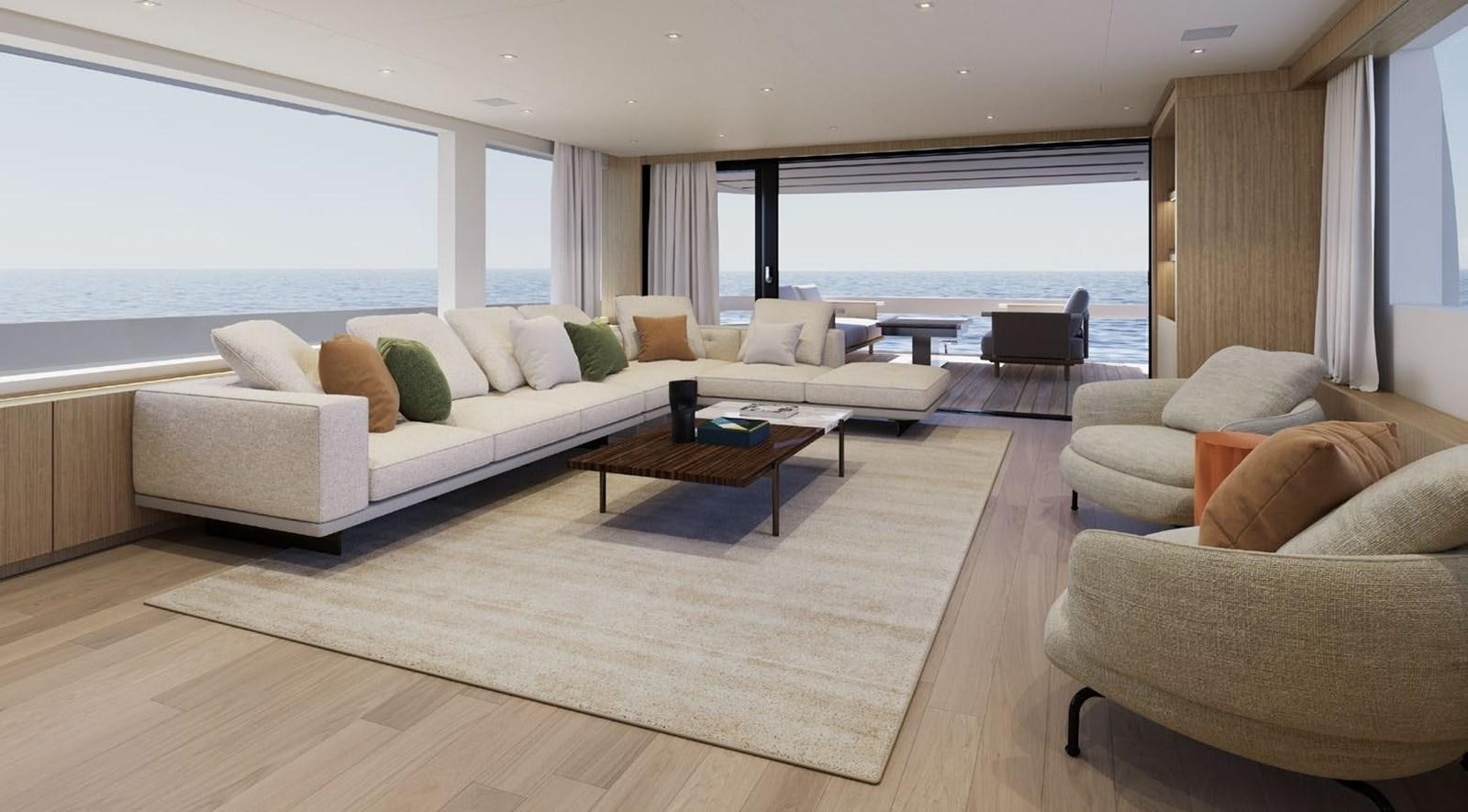 a living room with a large window aboard ALMA BLU Yacht for Sale