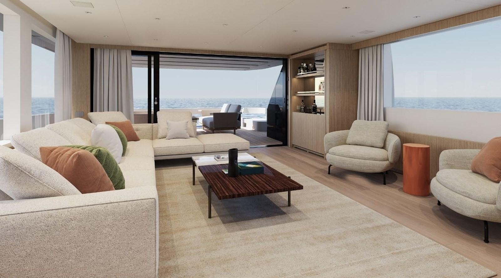 a living room with a large window aboard ALMA BLU Yacht for Sale