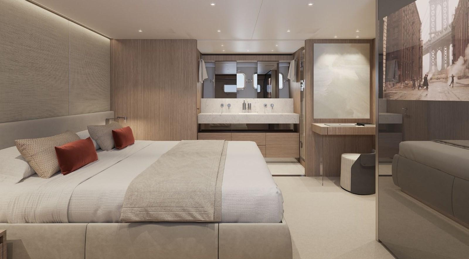 a large bed in a room aboard ALMA BLU Yacht for Sale