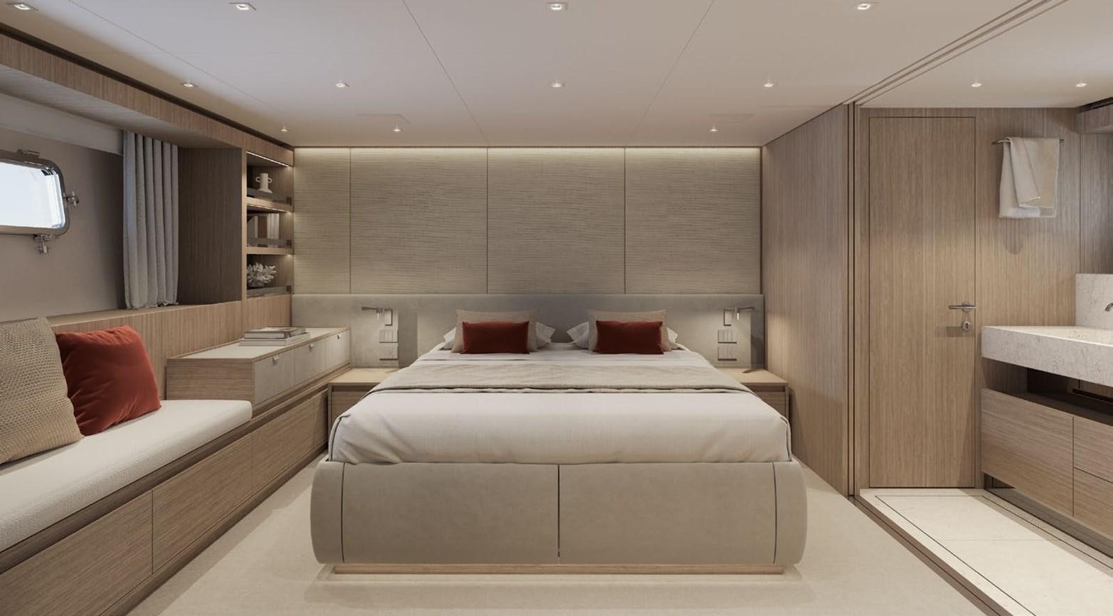 a room with a bed and a desk aboard ALMA BLU Yacht for Sale