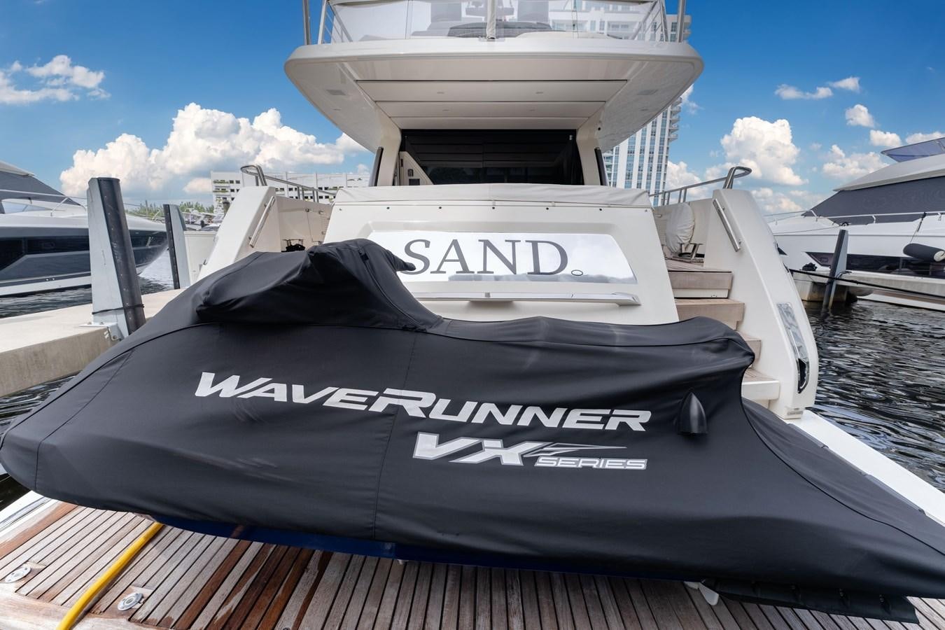 a black and white boat on a dock aboard 2018 SANLORENZO SL78 Yacht for Sale