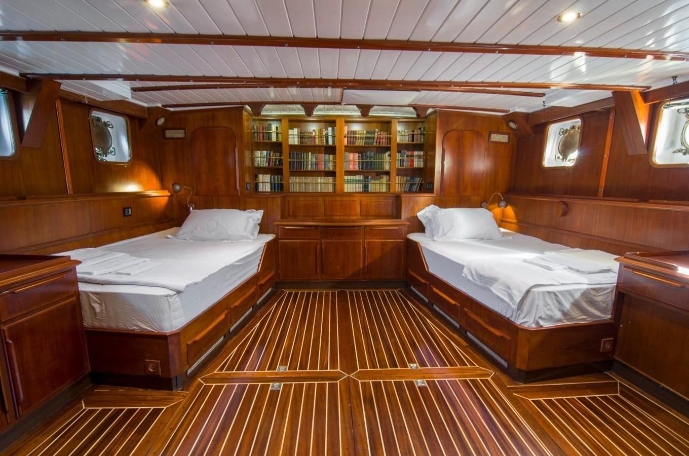 a room with wooden furniture aboard HARRY HALLER Yacht for Sale