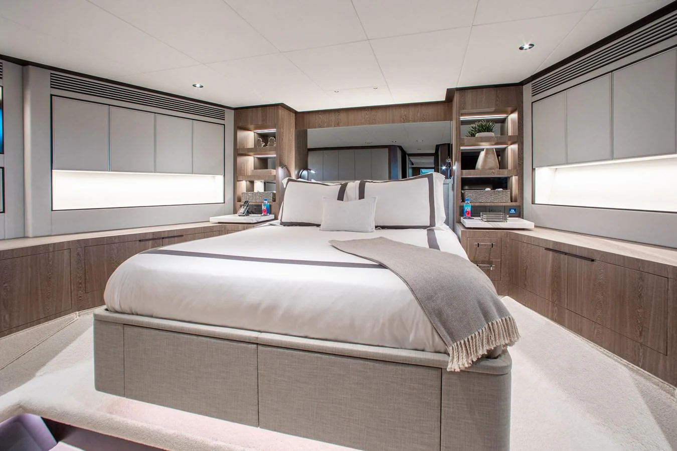 a large bed in a room aboard CROWNED EAGLE Yacht for Sale