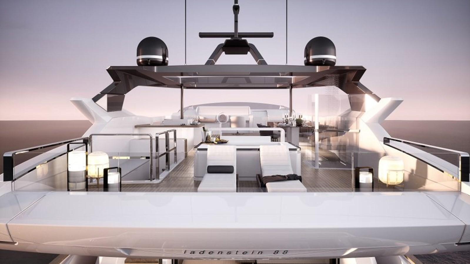 a white building with a black ceiling aboard L88 Yacht for Sale