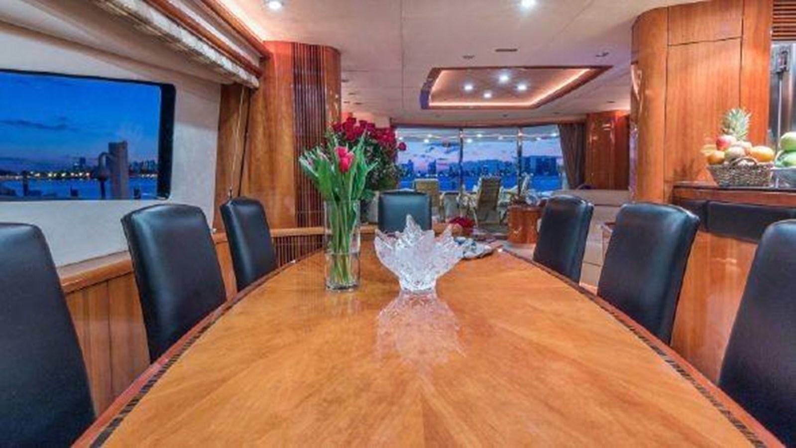a table with chairs and a television in a room with a large window aboard ACQUA ALBERTI Yacht for Sale