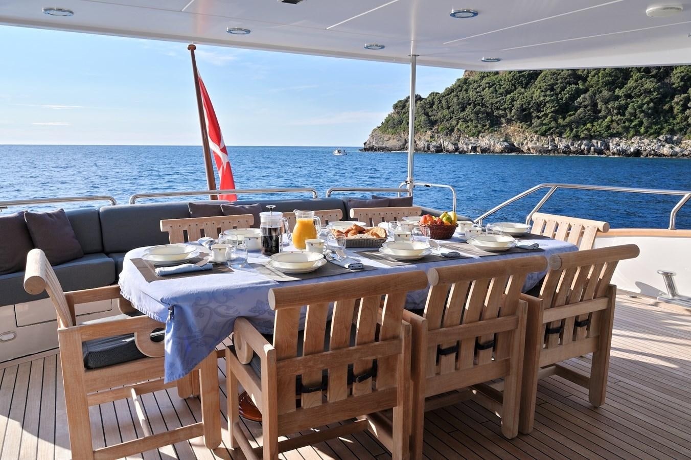 a table set for a meal on a deck overlooking the ocean aboard CLARITY Yacht for Sale