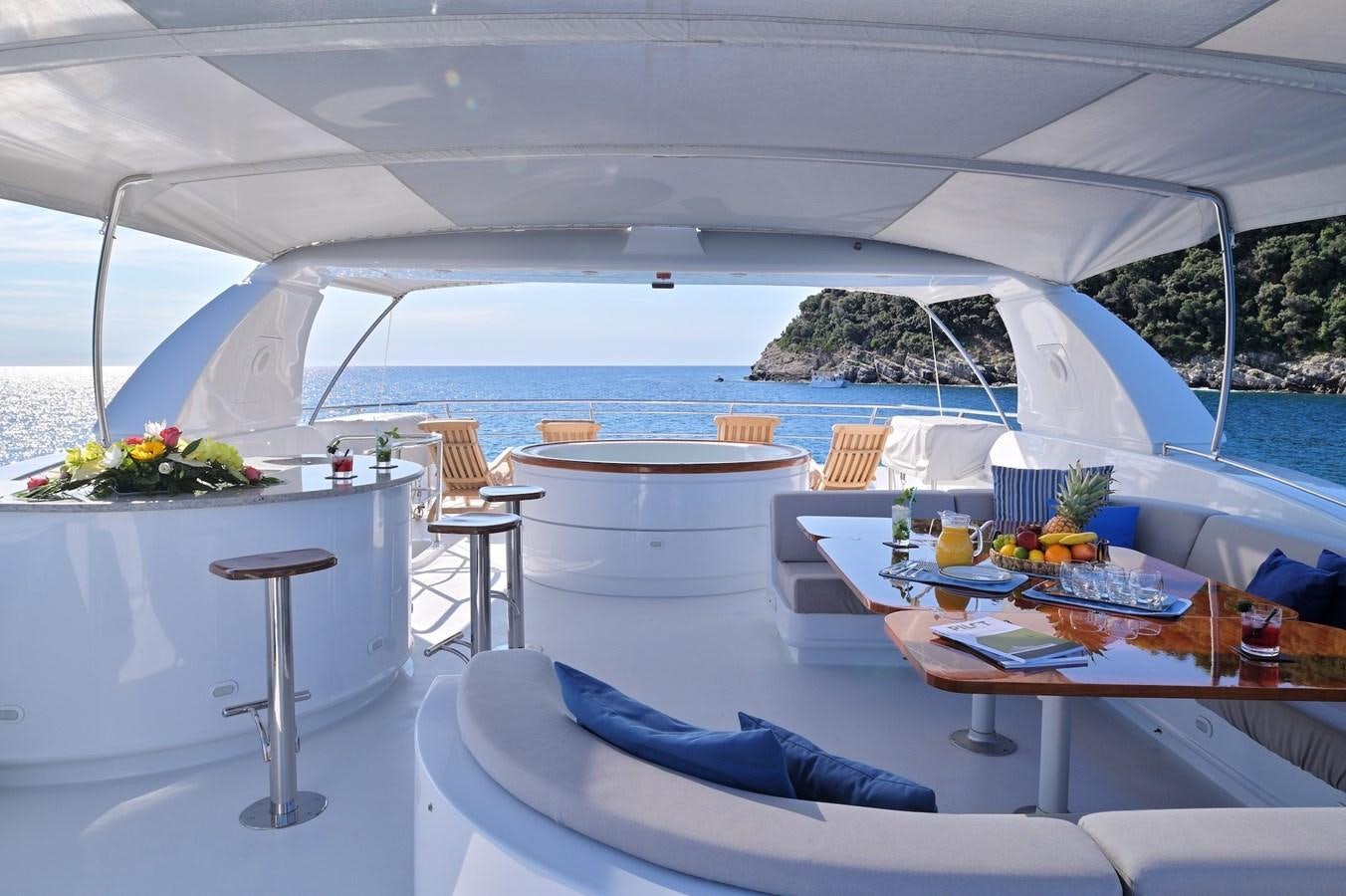 a room with a table and chairs and a view of the water aboard CLARITY Yacht for Sale