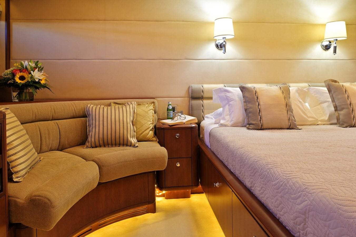 a hotel room with two beds aboard CLARITY Yacht for Sale