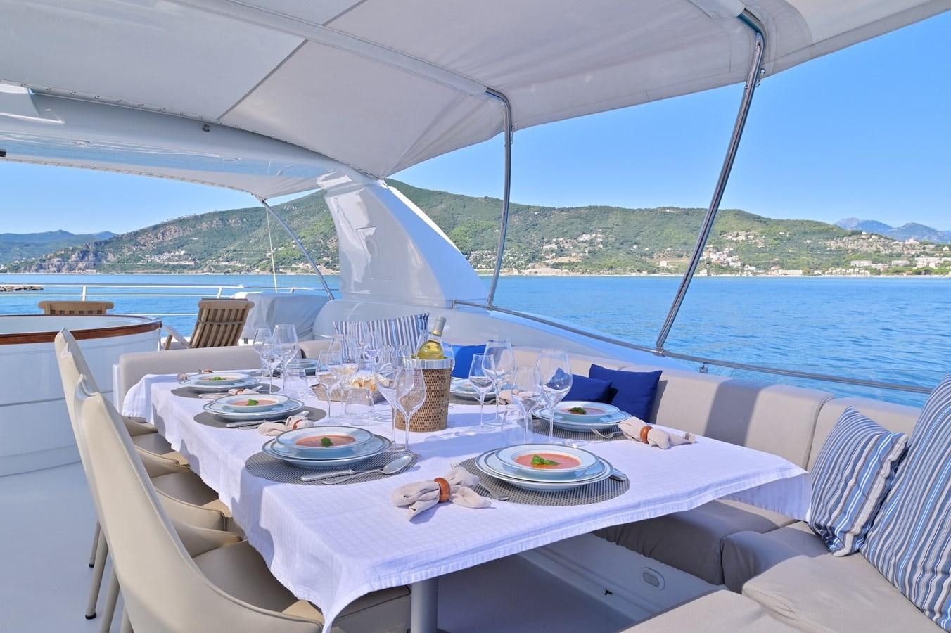 a table set for a meal on a boat aboard CLARITY Yacht for Sale