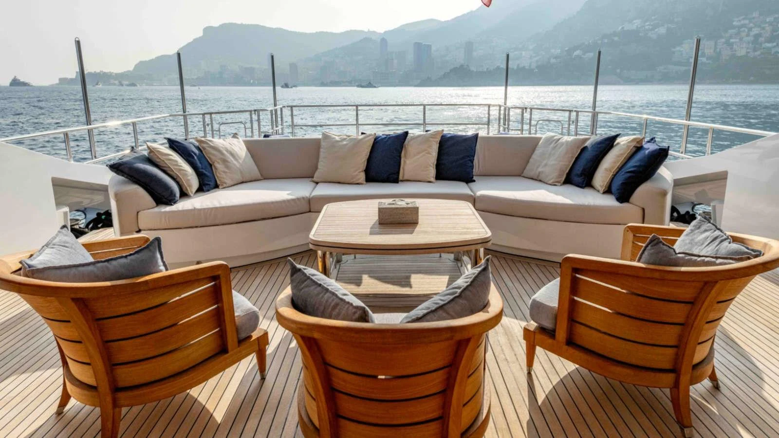 The aft deck features a stylish and comfortable seating area with panoramic views of the surrounding waters. aboard PALMER JOHNSON 150 Yacht for Sale