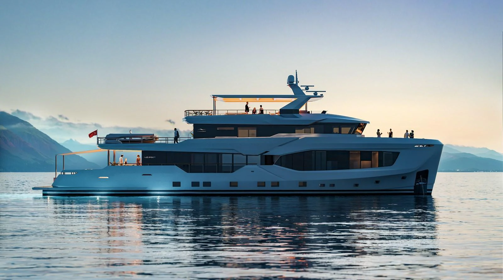 A sleek and modern yacht glides gracefully on calm waters at dusk, showcasing its elegant design and spacious decks. aboard 40MXP Yacht for Sale