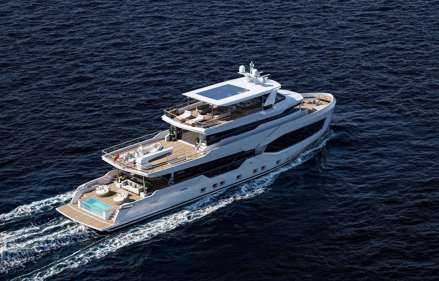 A luxurious yacht cruising through the open sea, showcasing its expansive decks and sleek design. aboard 40MXP Yacht for Sale