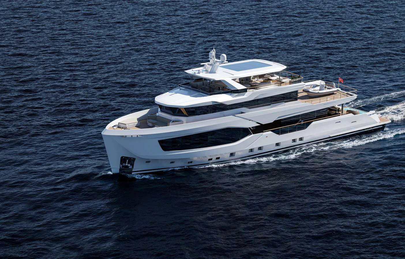 A sleek and modern yacht cruising through calm waters, showcasing its elegant design and spacious decks. aboard 40MXP Yacht for Sale