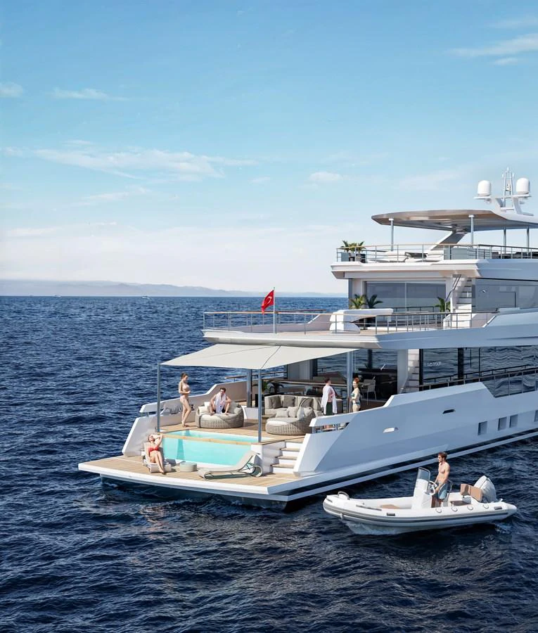 The yacht's aft deck features a luxurious pool and lounging area, perfect for relaxation on the open sea. aboard 40MXP Yacht for Sale