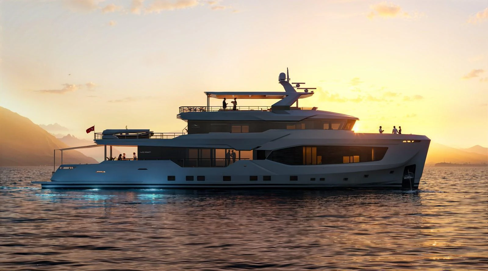 A sleek and modern yacht cruising at sunset, showcasing its elegant design and spacious decks. aboard 40MXP Yacht for Sale