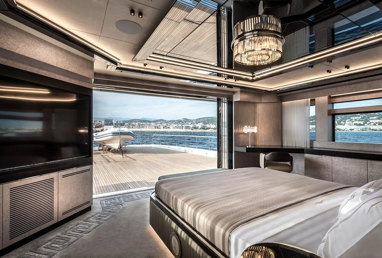 The master stateroom offers a luxurious retreat with stunning views of the sea. aboard 40MXP Yacht for Sale