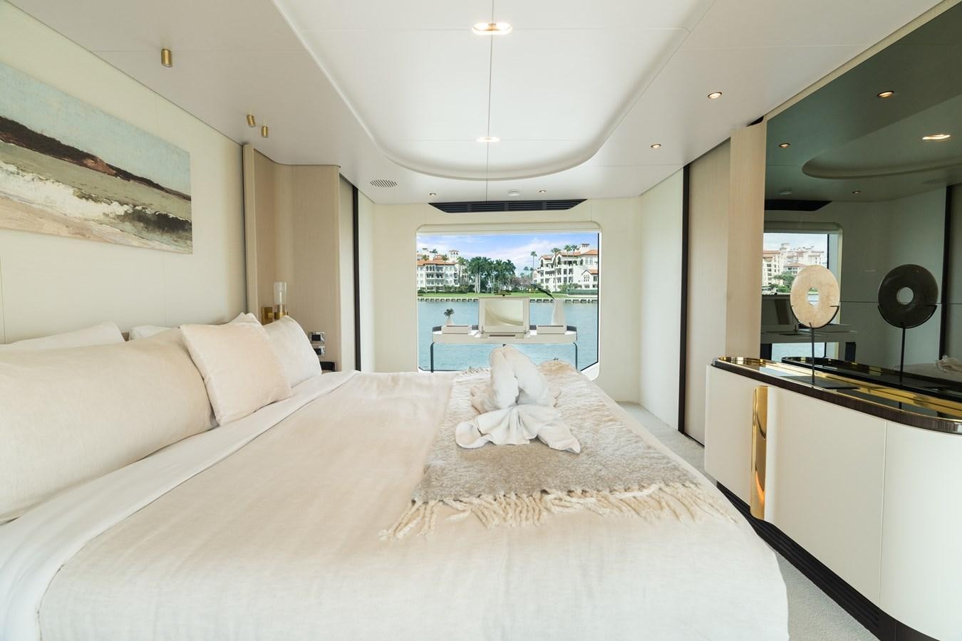 a bed in a room aboard Y Yacht for Sale