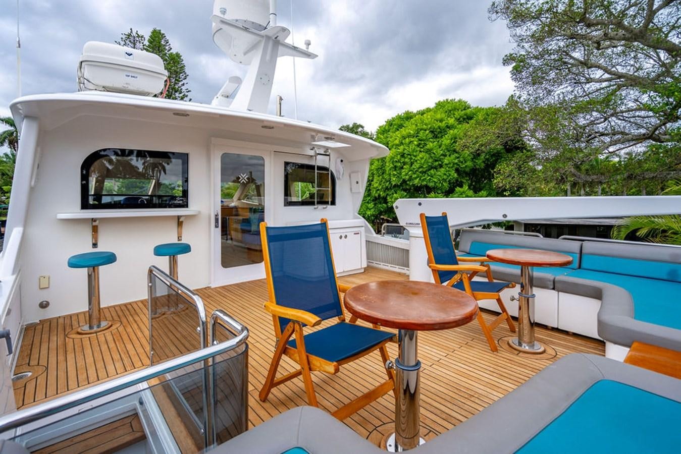 a room with a table chairs and a tv on the wall aboard TOP SHELF Yacht for Sale