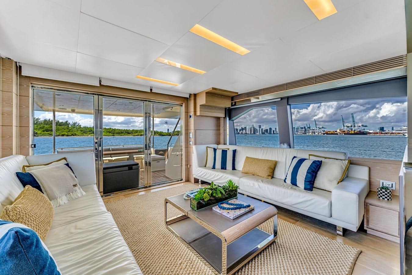 a living room with a large glass door aboard SEADUCTION Yacht for Sale