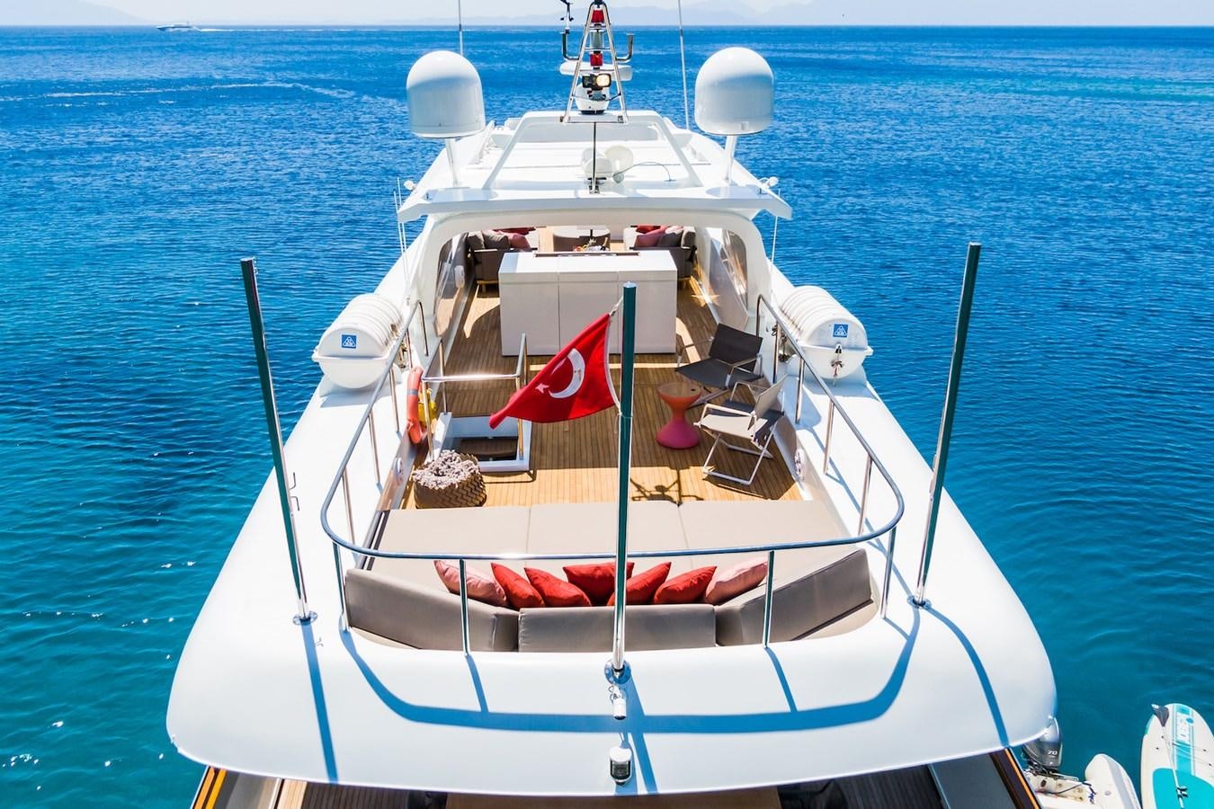 a boat with a flag on it aboard AXELLA Yacht for Sale