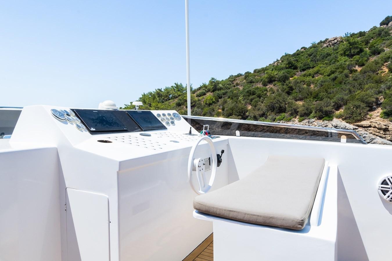 a white boat with a black screen aboard AXELLA Yacht for Sale