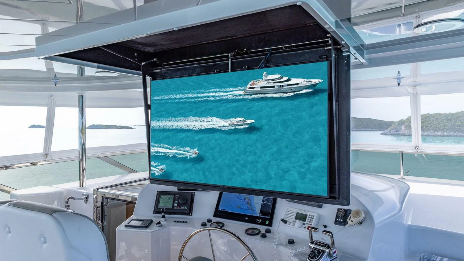 a large screen on a boat aboard NO SHORTCUTS Yacht for Sale