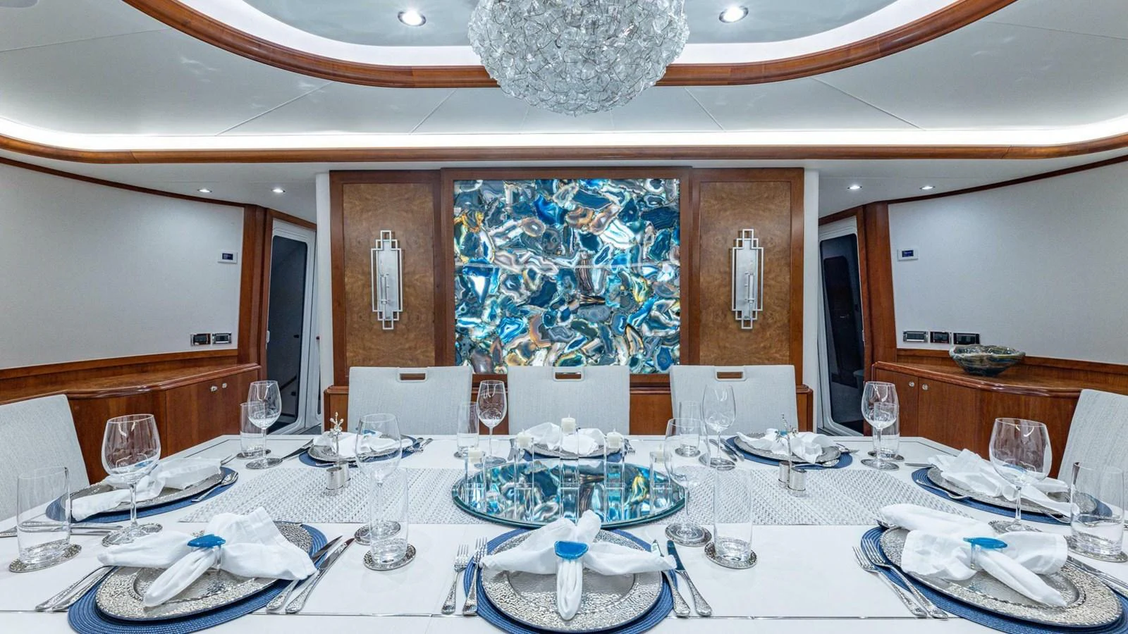 a table set for a dinner party aboard NO SHORTCUTS Yacht for Sale