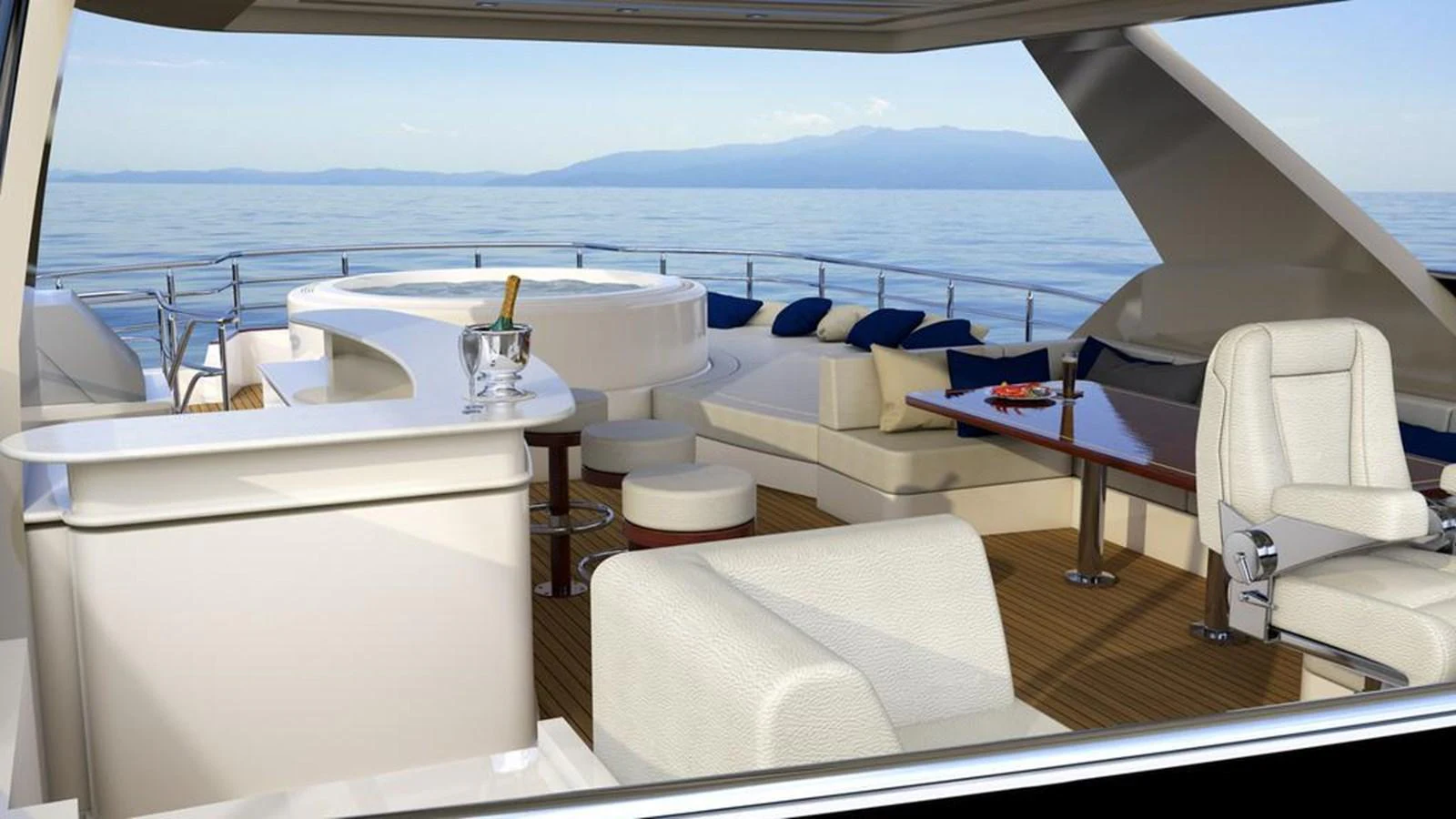 The flybridge offers a luxurious space with a hot tub, comfortable seating, and stunning ocean views. aboard NORTHLAND Yacht for Sale