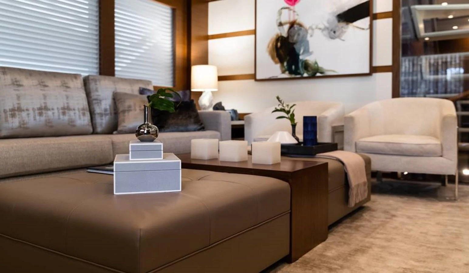 The salon exudes modern elegance with plush seating and tasteful decor. aboard NORTHLAND Yacht for Sale