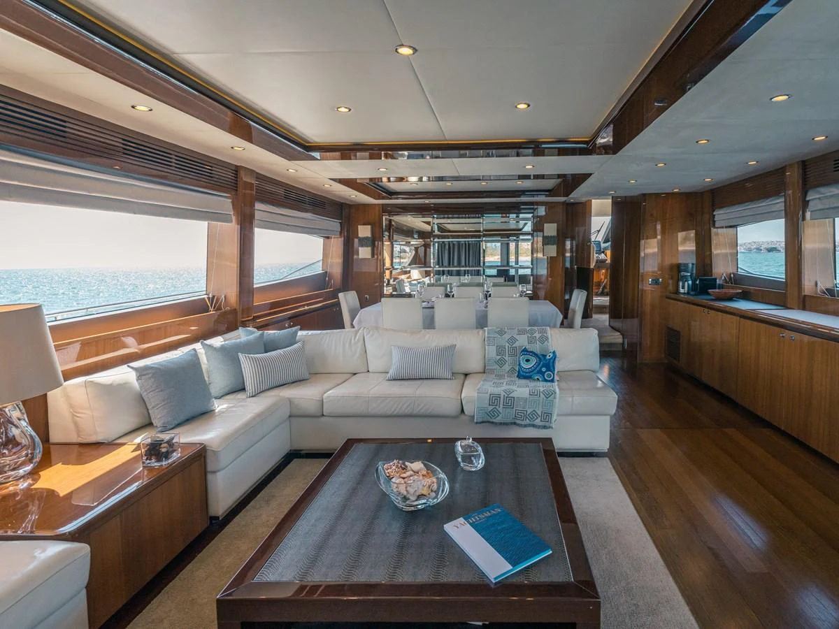 The salon boasts luxurious seating with panoramic ocean views and elegant wood finishes. aboard 4 LIFE Yacht for Sale