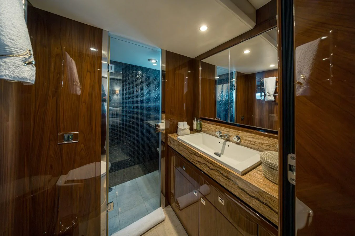 The yacht's bathroom features elegant wood paneling and a spacious shower area. aboard 4 LIFE Yacht for Sale