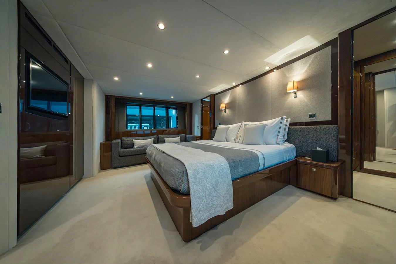 The master stateroom offers a spacious and luxurious sleeping area with elegant decor and ample natural light. aboard 4 LIFE Yacht for Sale